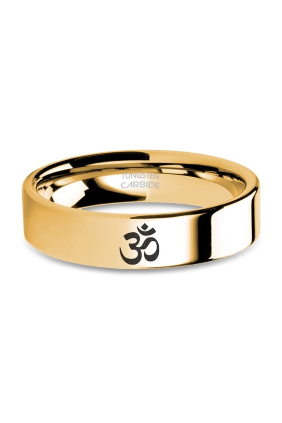 Yogi Om Aum Chant Icon Laser Engraved Yellow Gold Tungsten Ring, 6mm, Size 10.5