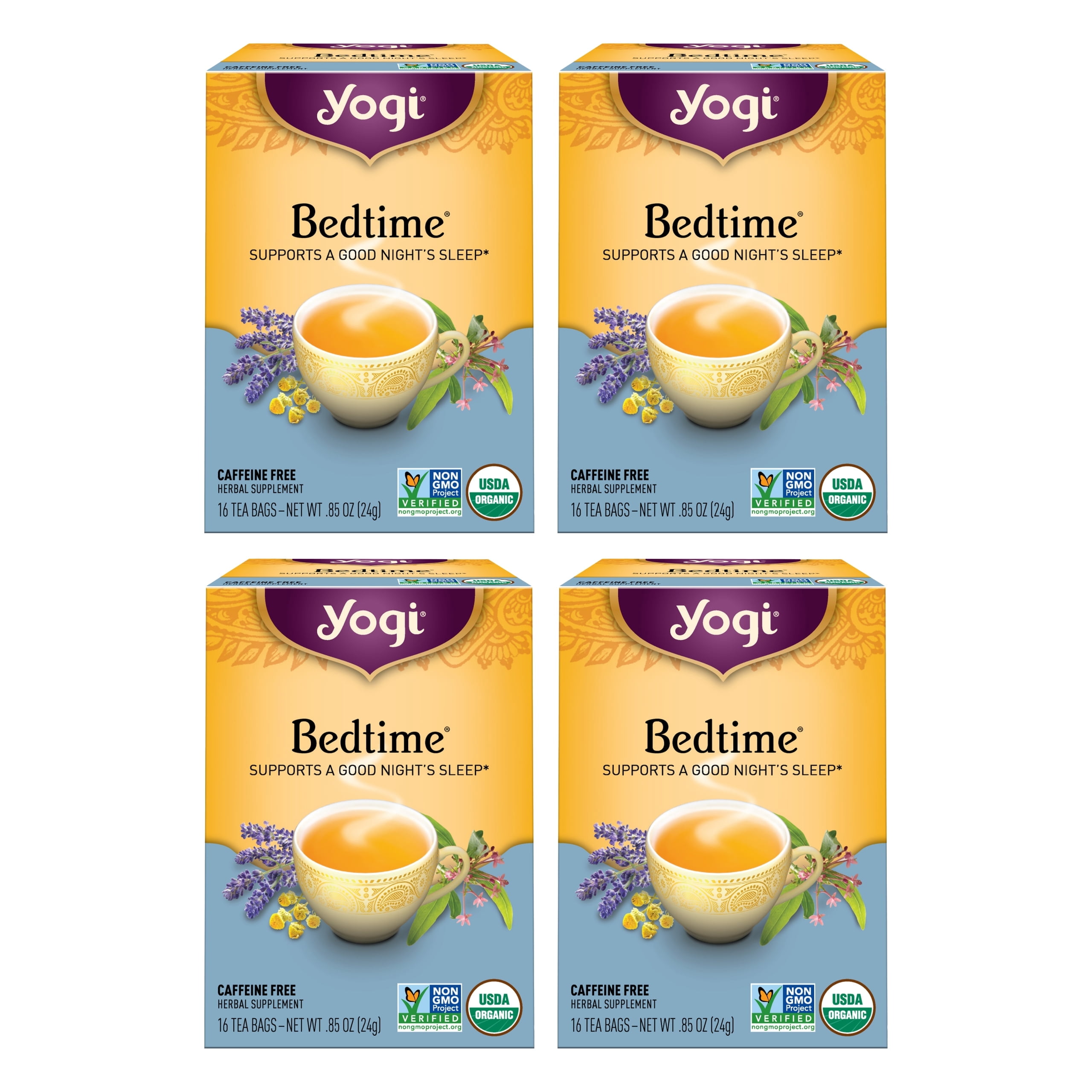 Yogi Tea Bedtime, Caffeine-Free Organic Herbal Tea Bags, 4 Boxes of 16