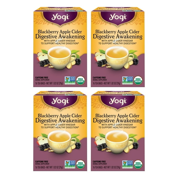 Yogi Tea Blackberry Apple Cider Digestive Awakening, Herbal Tea Bags, 4 Boxes of 16