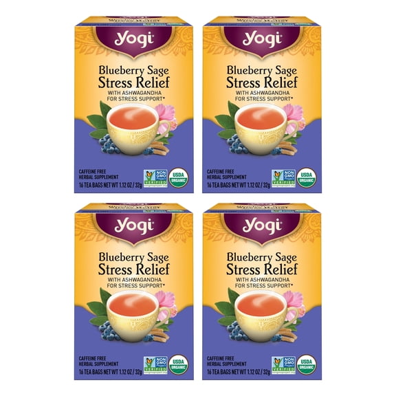 Yogi Tea Blueberry Sage Stress Relief - 16 Tea Bags per pack (4 packs) - Relaxing, Calming Tea to Support Stress Response
