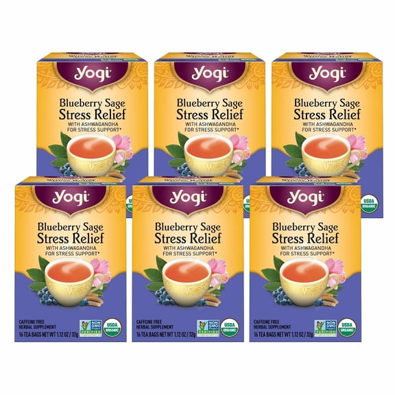 Yogi Tea Blueberry Sage Stress Relief - 16 Tea Bags per Pack (6 Packs) - Relaxing, Calming Tea to Support Stress Response - Includes Ashwagandha, Blueberry, Sage, Hibiscus & More