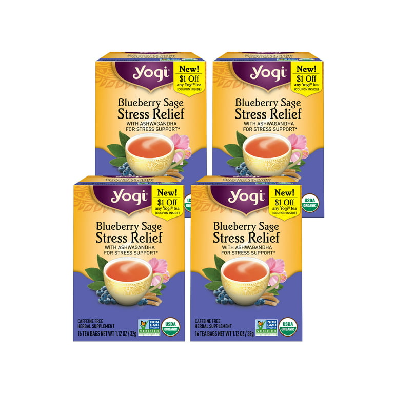 Yogi Tea, Blueberry Sage Stress Relief, Herbal Tea, Wellness Tea Bags, 4  Boxes of 16