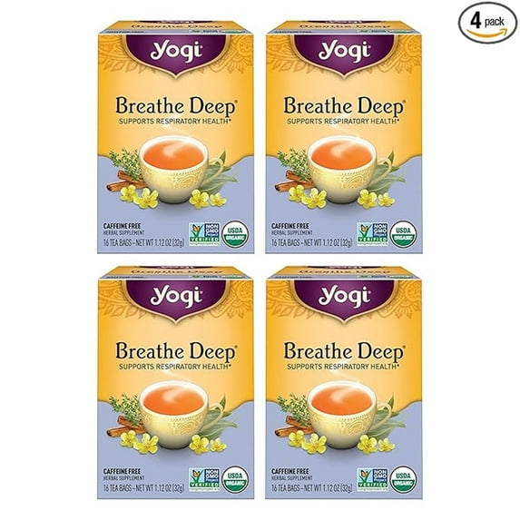 Yogi Tea - Breathe Deep - Supports Respiratory Health with Eucalyptus, Thyme, and Mullein Leaves - Caffeine Free - 64 Organic Herbal Tea Bags (4 Pack)