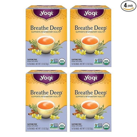 Yogi Tea - Breathe Deep - Supports Respiratory Health with Eucalyptus, Thyme, and Mullein Leaves - Caffeine Free - 64 Organic Herbal Tea Bags (4 pack)