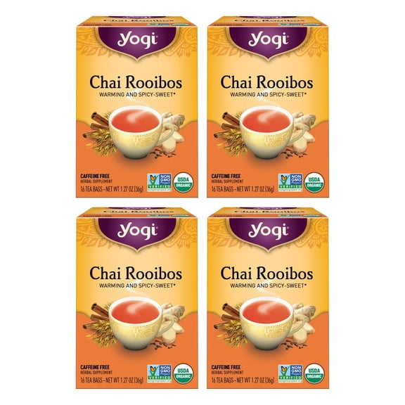 Yogi Tea Chai Rooibos, Caffeine-Free Organic Herbal Tea, Wellness Tea Bags, 4 Boxes of 16