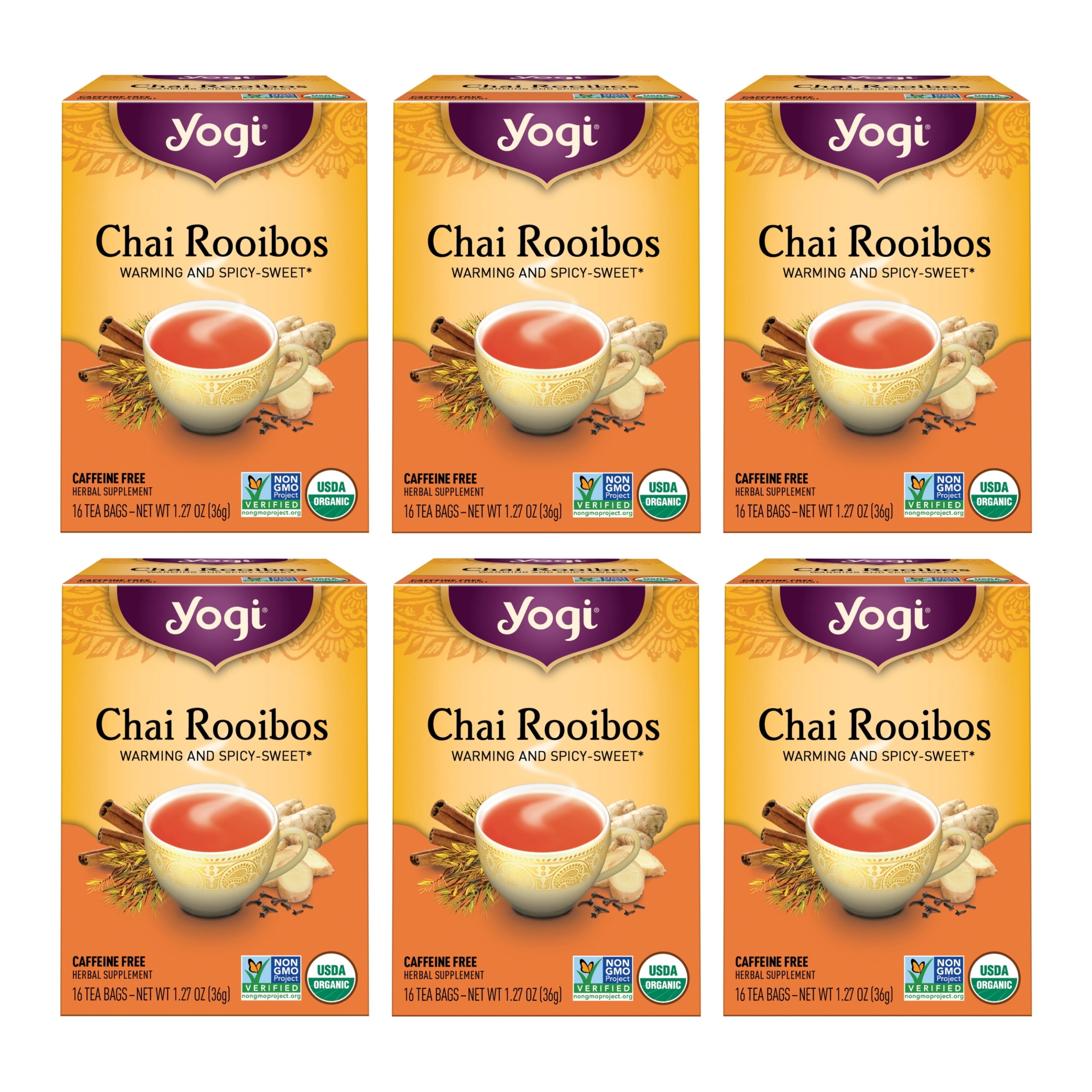 Yogi Tea Chai Rooibos, Caffeine-Free Organic Herbal Tea, Wellness Tea Bags, 6 Boxes of 16