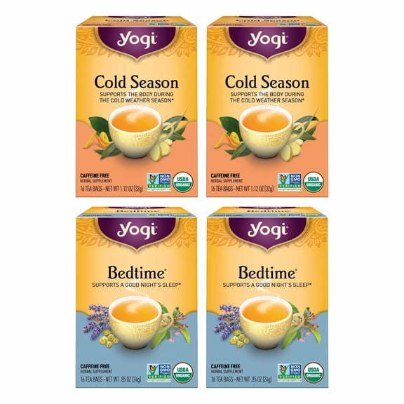 Yogi Tea Cold and Sleep Wellness Variety Pack 4pk - 16 Bags per Pack (4 Pack) - Supports Cold, Sleep & Relaxation - Includes (2 Boxes Each) of Bedtime and Cold Season - Organic Caffeine-Free Teas