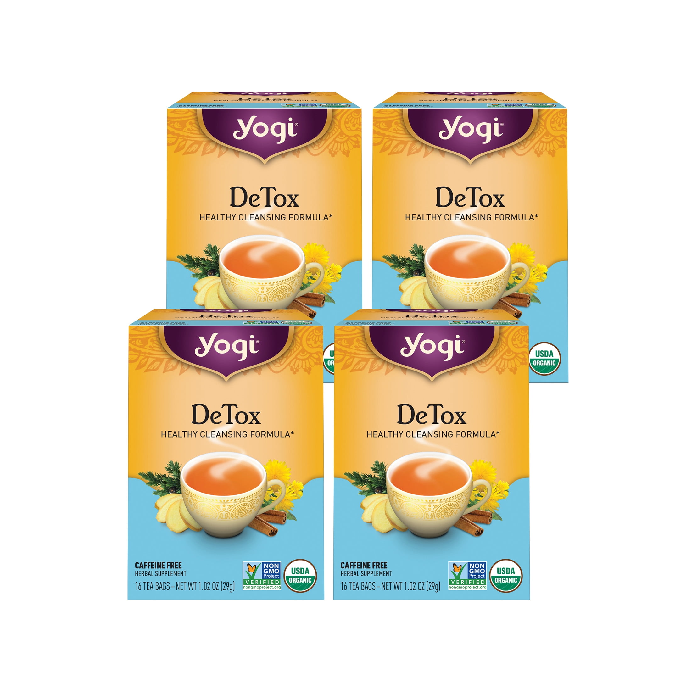 Yogi Tea DeTox, Caffeine-Free Organic Herbal Tea Bags, 4 Boxes of