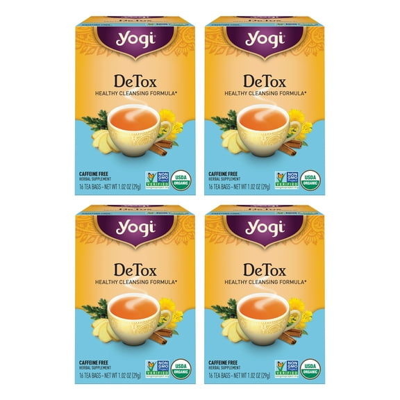 Yogi Tea DeTox, Caffeine-Free Organic Herbal Tea Bags, 4 Boxes of 16