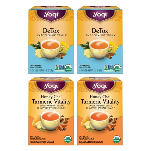 Yogi Tea DeTox and Wellness Variety Pack 4pk - 16 Tea Bags per Pack (4 Pack) - Organic Herbal Cleansing Teas - Includes (2 Boxes Each) of Honey Chai Turmeric Vitality & DeTox - Caffeine-Free Teas