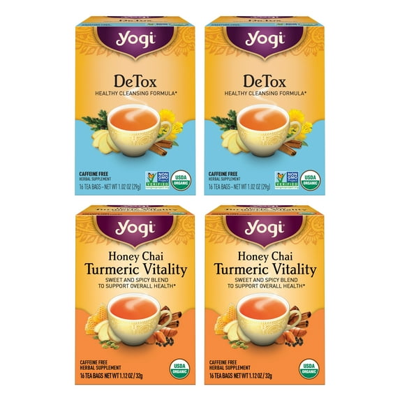 Yogi Tea DeTox and Wellness Variety Pack 4pk - 16 Tea Bags per Pack (4 Pack) - Organic Herbal Cleansing Teas - Includes (2 Boxes Each) of Honey Chai Turmeric Vitality & DeTox - Caffeine-Free Teas