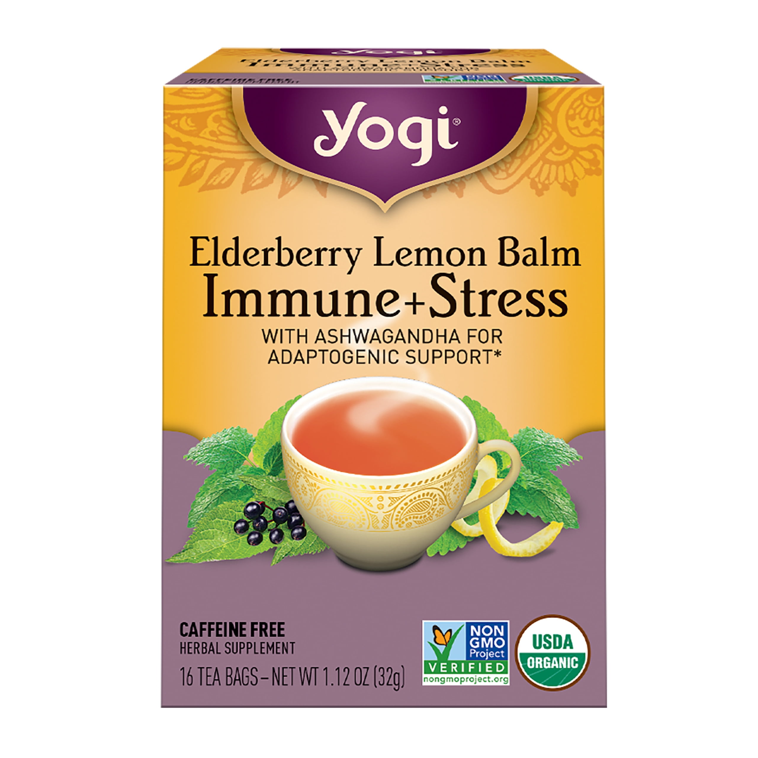 Yogi Tea Elderberry Lemon Balm Immune Plus Stress, Herbal Tea Bags, 16 Count