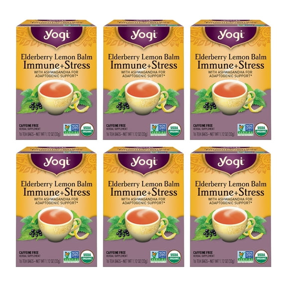 Yogi Tea - Elderberry Lemon Balm Immune and Stress Support (6 Pack) - With Ashwagandha For Adaptogenic Support - Caffeine Free - 96 Organic Herbal Tea Bags