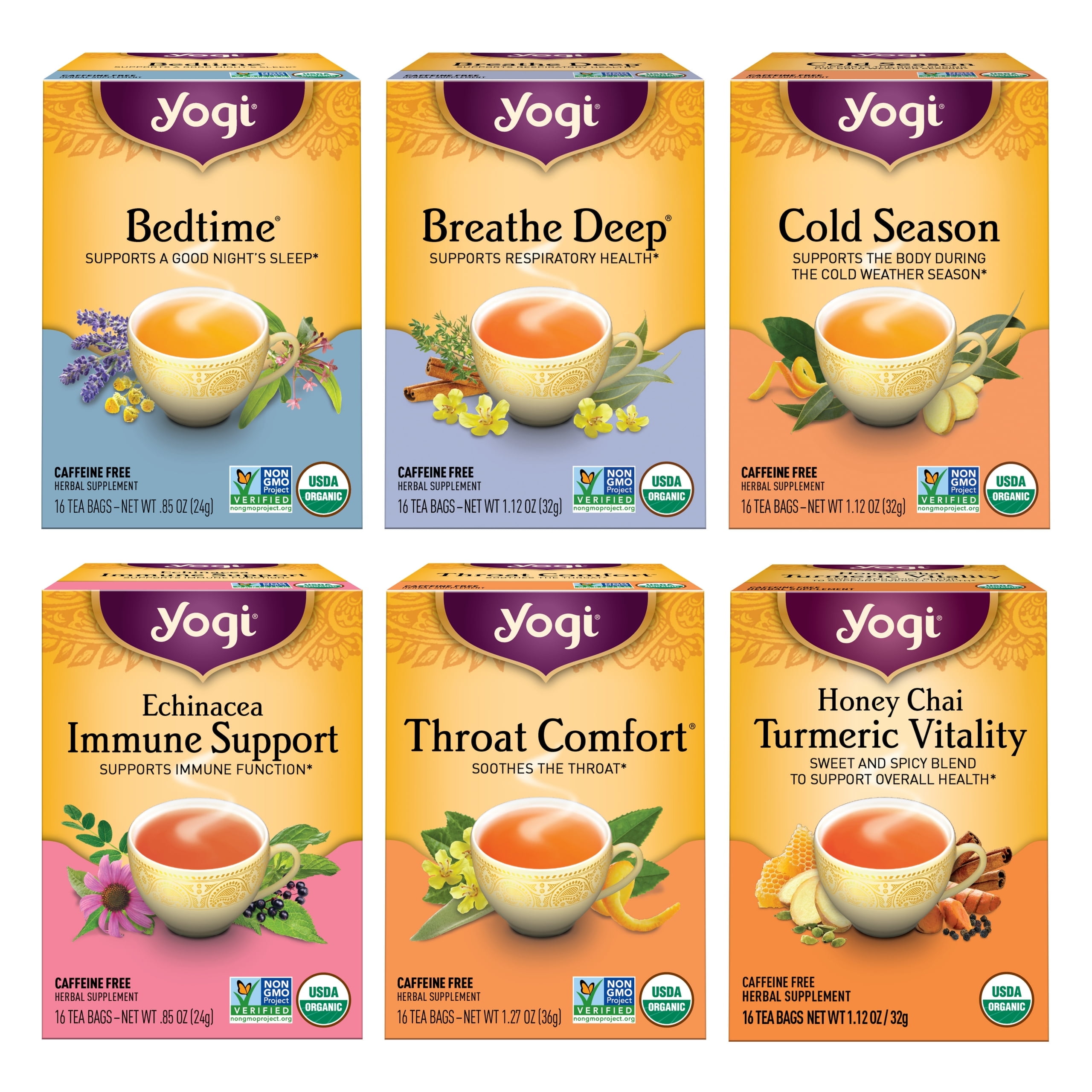 Yogi Tea Get Well Variety Pack Sampler, Caffeine-Free, Wellness Tea Bags, 6 Boxes of 16
