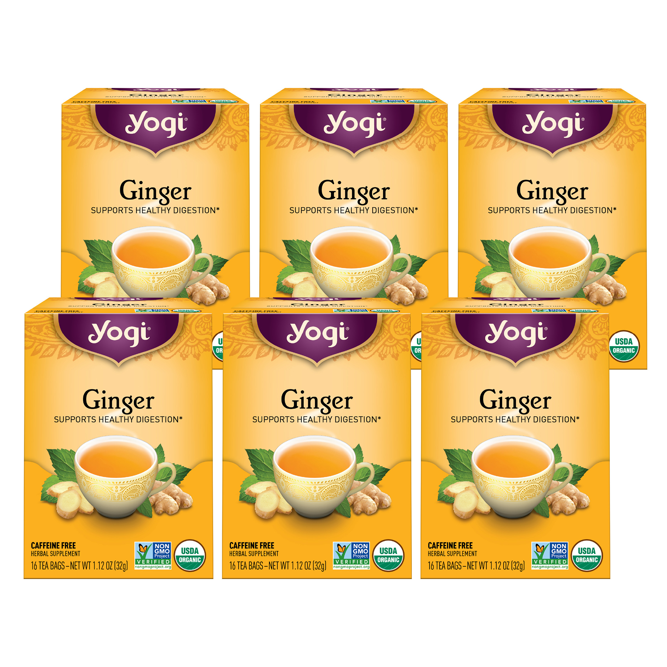 Yogi Tea Ginger, Caffeine-Free Organic Herbal Tea, Wellness Tea Bags, 6 Boxes of 16 - image 1 of 8