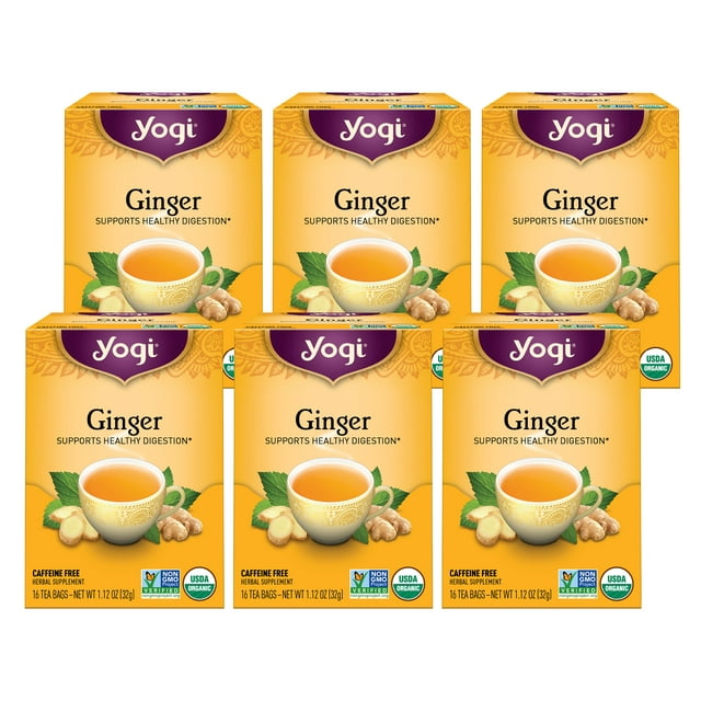 Yogi Tea Ginger, Caffeine-Free Organic Herbal Tea, Wellness Tea Bags, 6 Boxes of 16