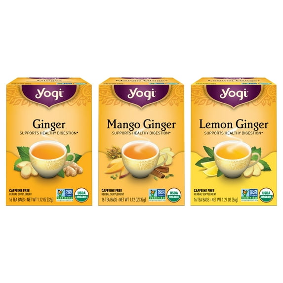 Yogi Tea Ginger Vitality Variety Pack, Caffeine-Free, Herbal Tea Bags, 3 Boxes of 16