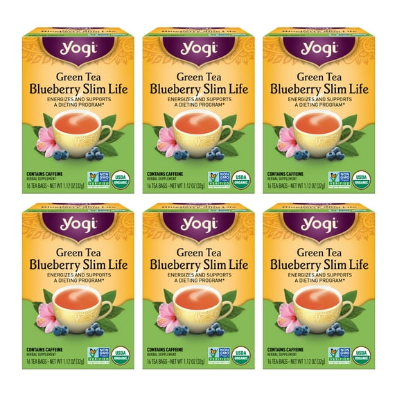 Yogi Tea Green Tea Blueberry Slim Life, Green Tea, Wellness Tea Bags, 6 Boxes of 16