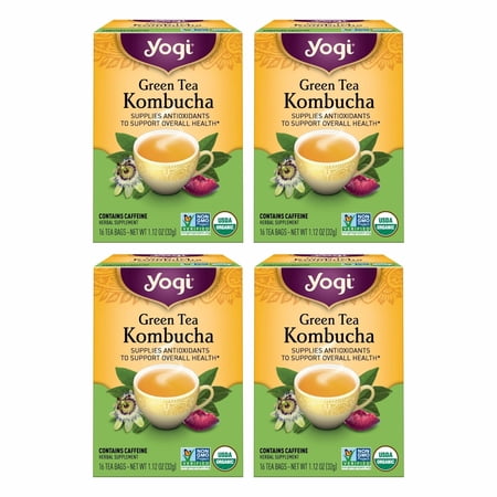 Yogi Tea Green Kombucha Tea - 16 Bags per Pack (4 Packs) - Organic - With Kombucha to Support Overall Health - Includes Lemongrass, Spearmint Leaf & More