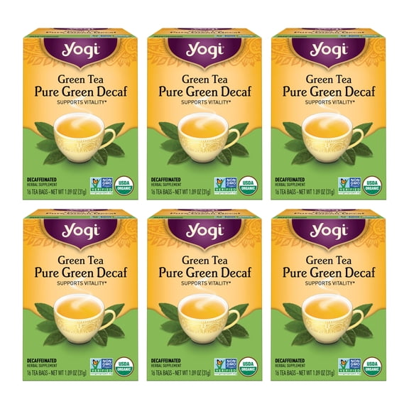 Yogi Tea Green Tea Pure Green Decaf, Decaffeinated, Wellness Tea Bags, 6 Boxes of 16