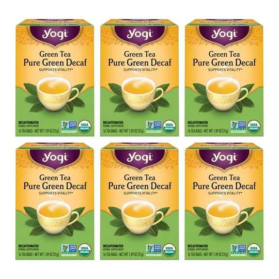 Yogi Tea Green Tea Pure Green Decaf, Decaffeinated, Wellness Tea Bags, 6 Boxes of 16