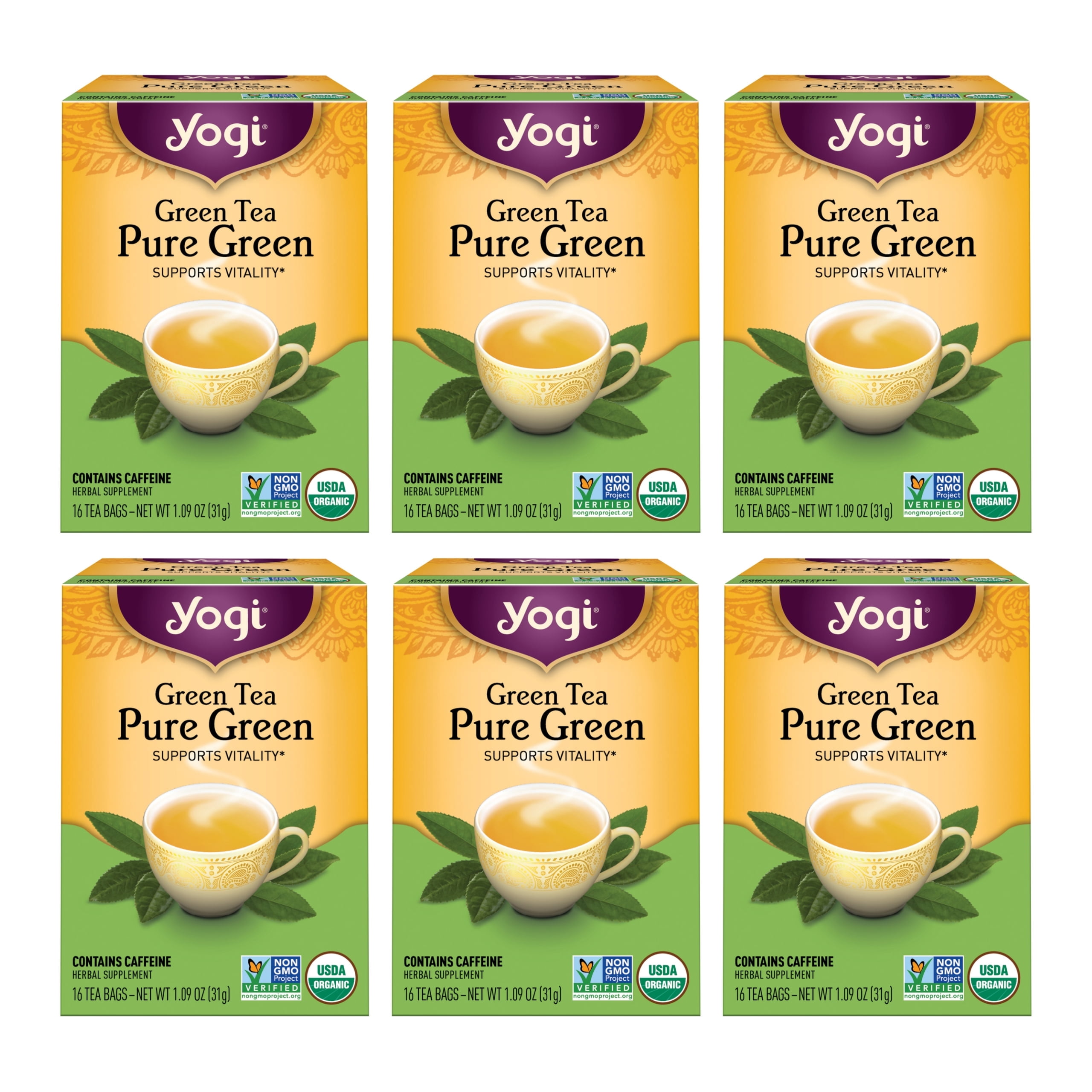 Yogi Tea Green Tea Pure Green, Organic Tea, Wellness Tea Bags, 6 Boxes of 16