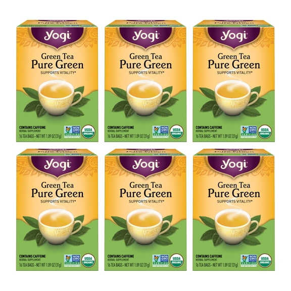 Yogi Tea Green Tea Pure Green, Organic Tea, Wellness Tea Bags, 6 Boxes of 16