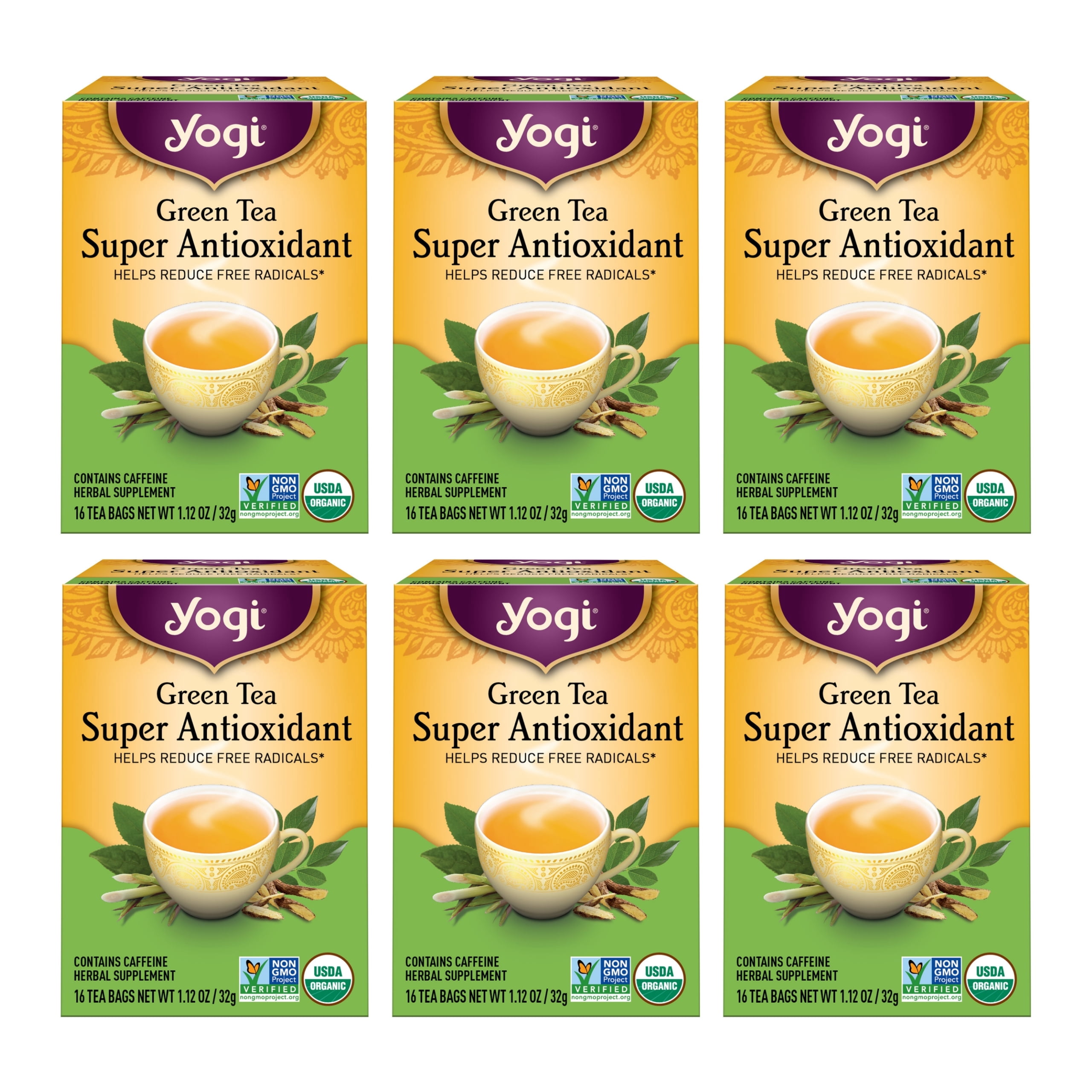 Yogi Tea Green Tea Super Antioxidant, Green Tea, Wellness Tea Bags, 6 Boxes of 16