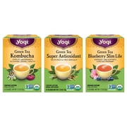 Yogi Green Tea Variety Pack Sampler - Includes Blueberry Slim Life, Kombucha, & Super Antioxidant Teas - Contains Caffeine - 16 Tea Bags per Pack(3 Pack)