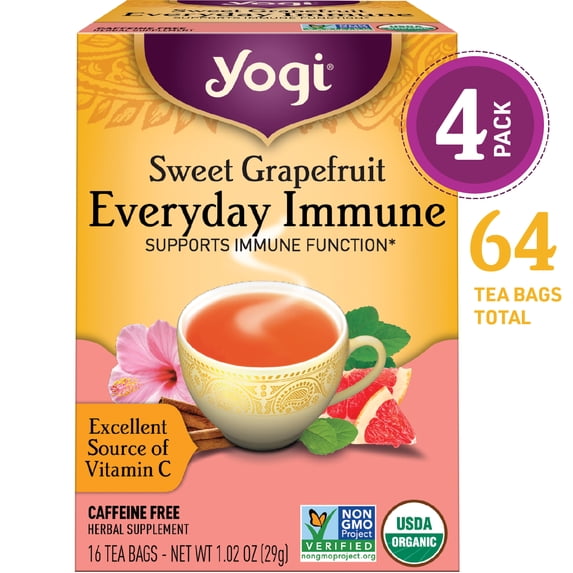 Yogi Yogi Tea, Herbal Tea Bags, Sweet Grapefruit Everyday Immune Tea, Supports Immune Function, 16 Ct Tea Bags, Pack of 4 — product image