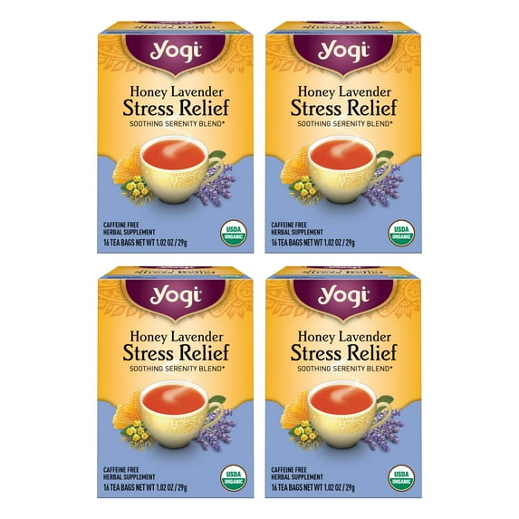 Yogi Tea Honey Lavender Stress Relief, Organic Herbal Tea Bags, 4 Boxes of 16
