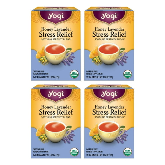 Yogi Tea Honey Lavender Stress Relief, Organic Herbal Tea Bags, 4 Boxes of 16
