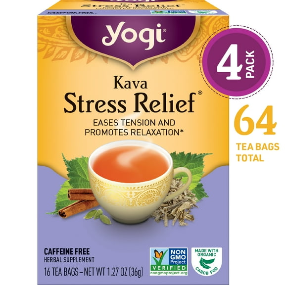 Yogi Tea Kava Stress Relief, Caffeine-Free Herbal Tea Bags, 4 Boxes of 16