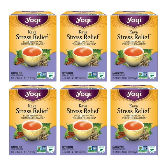 Yogi Tea Kava Stress Relief, Herbal Tea, Wellness Tea Bags, 6 Boxes of 16
