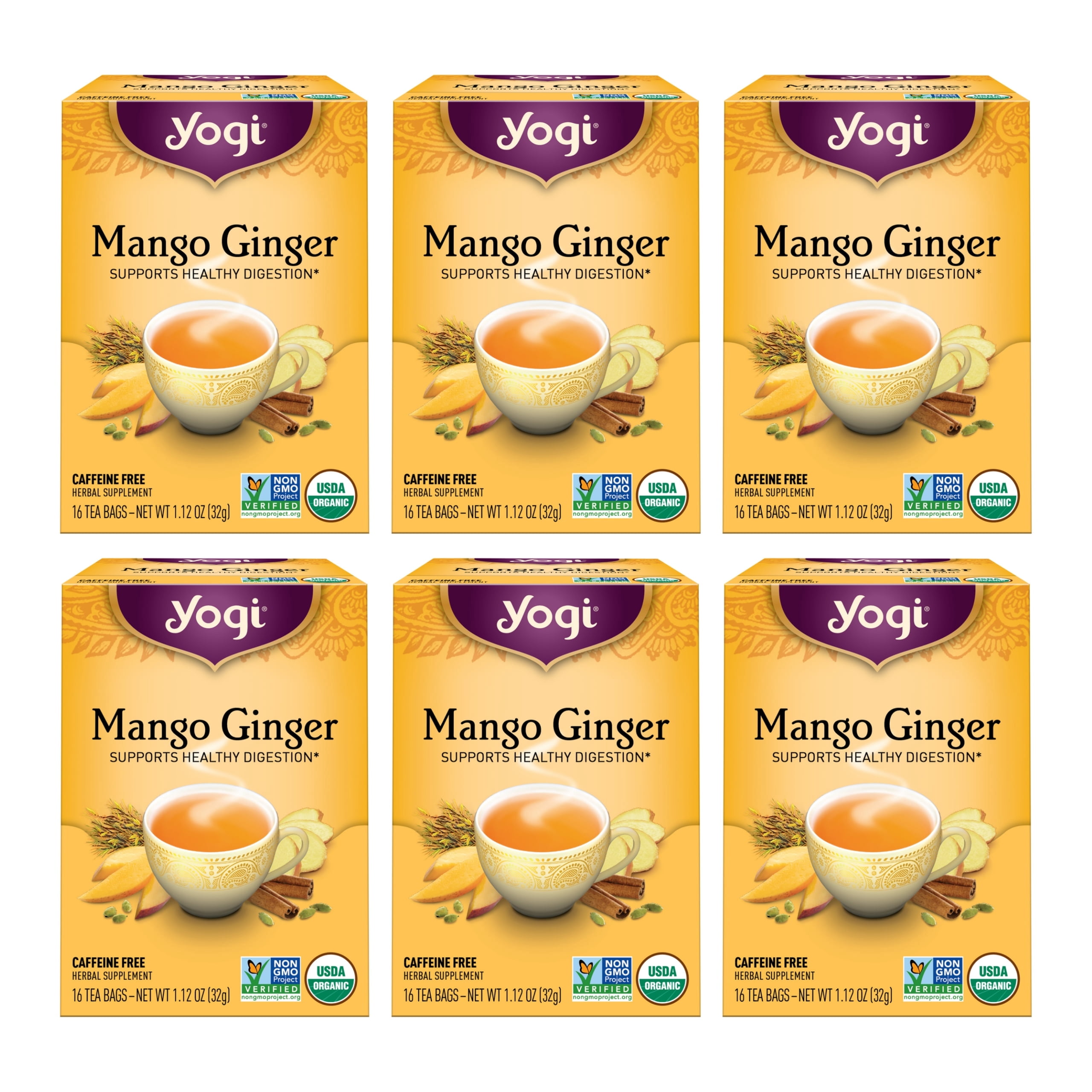 Yogi Tea Mango Ginger, Caffeine-Free Organic Herbal Tea, Wellness Tea Bags, 6 Boxes of 16