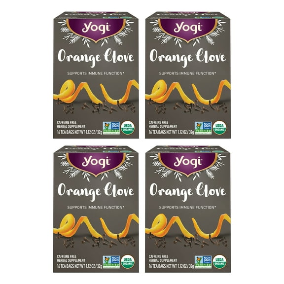 Yogi Tea Orange Clove, Caffeine-Free Herbal Tea, Wellness Tea Bags, 4 Boxes of 16