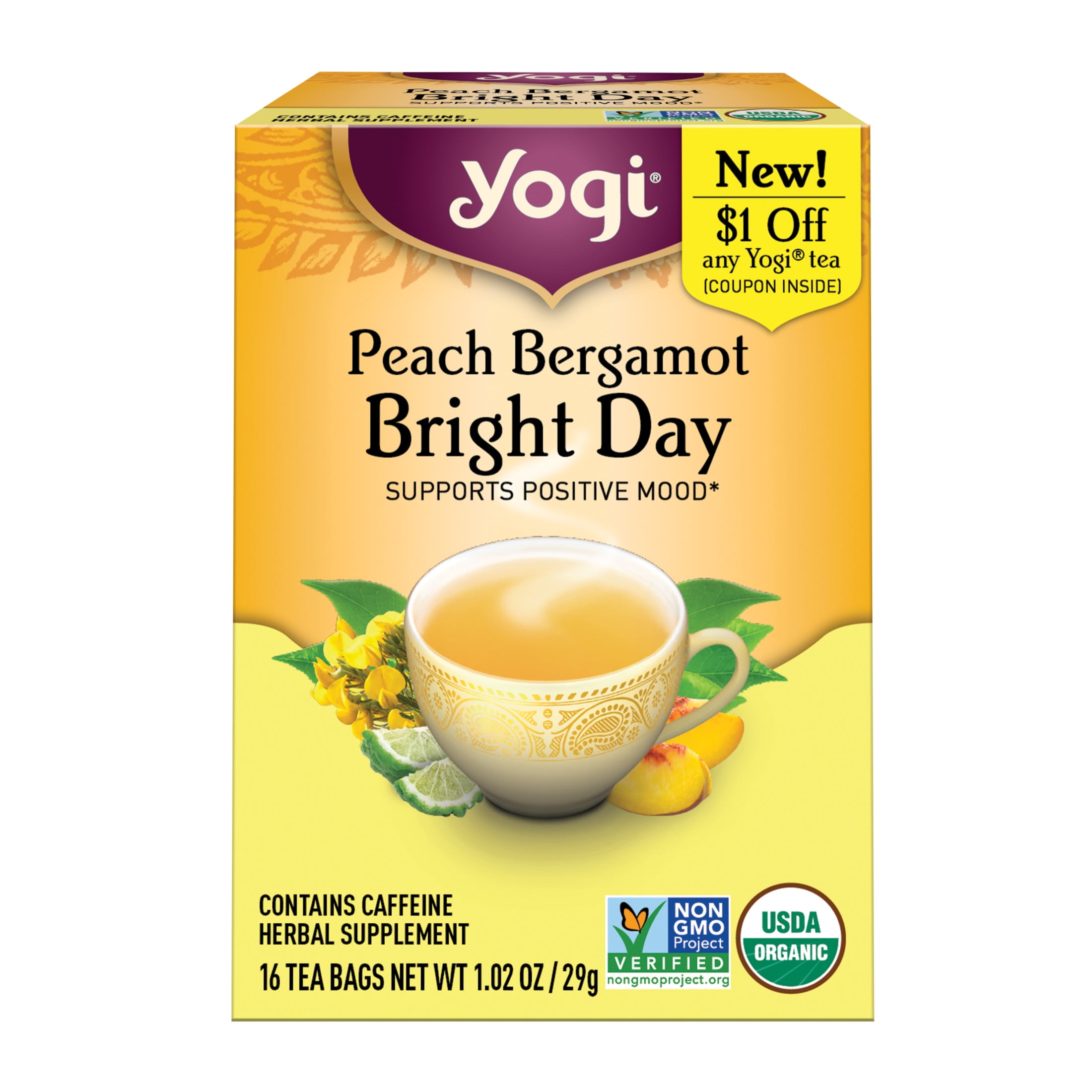 Yogi Tea Peach Bergamot Bright Day, Organic Oolong Tea Bags, 16 Count