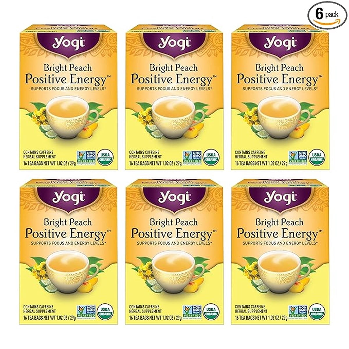 Yogi Tea - Peach Bergamot Bright Day Tea (6 pack) - With Oolong and Green Tea Extract - Contains Caffeine - 96 Organic Tea Bags