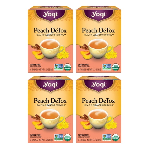 Yogi Tea Peach DeTox, Caffeine Free Organic Herbal Tea, Wellness Tea Bags, 4 Boxes of 16