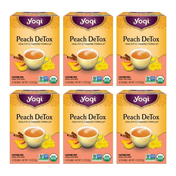 Yogi Tea Peach DeTox, Caffeine-Free Organic Herbal Tea, Wellness Tea Bags, 6 Boxes of 16