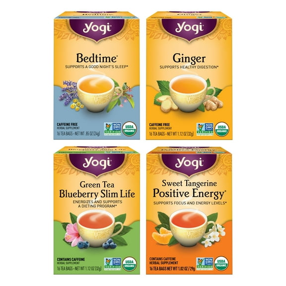 Yogi Tea Premium Wellness Variety Pack - 16 Tea Bags per Pack (4 Packs) - Organic Black, Green & Herbal Teas - Includes Bedtime, Ginger & Sweet Tangerine Positive Energy