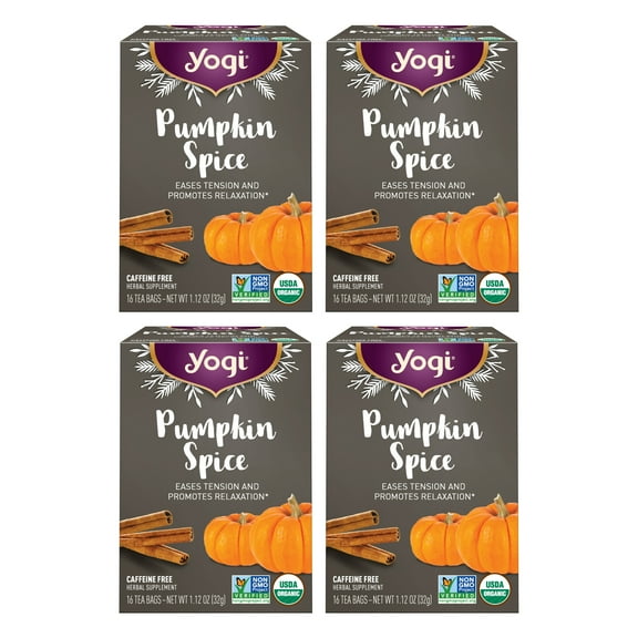 Yogi Tea Pumpkin Spice, Caffeine-Free Herbal Tea, Wellness Tea Bags, 4 Boxes of 16