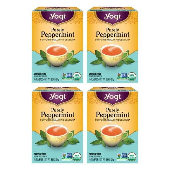 Yogi Tea Purely Peppermint, Organic Herbal Tea, Wellness Tea Bags, 4 Boxes of 16