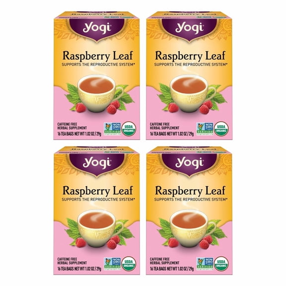 Yogi Tea Raspberry Leaf Tea - 16 Bags per Pack (4 Packs) - Caffeine-Free, Organic Raspberry Leaf - Aids Discomfort of Menstruation - Made from Organic Raspberry Leaves