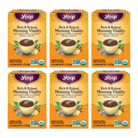 Yogi Tea Rich & Robust Morning Vitality, Puerh Tea, Wellness Tea Bags, 6 Boxes of 16