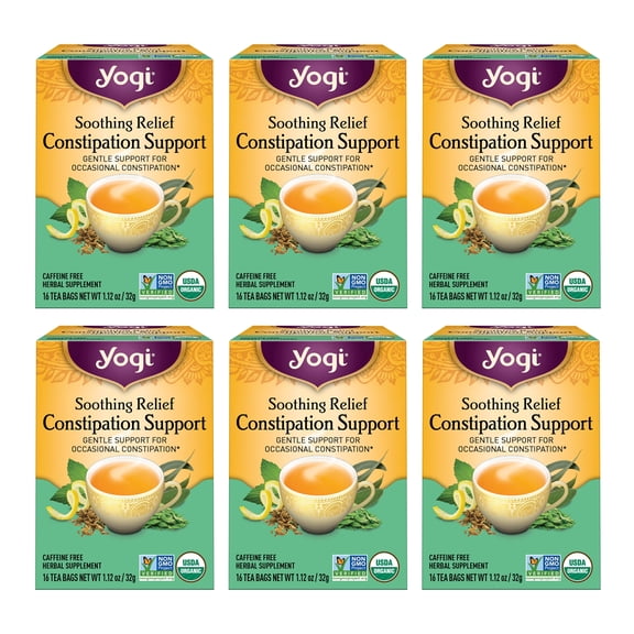 Yogi Soothing Relief Constipation Support - Tea with Organic Senna Leaf, Peppermint & Sage - 16 Tea Bags per pack (6 packs)