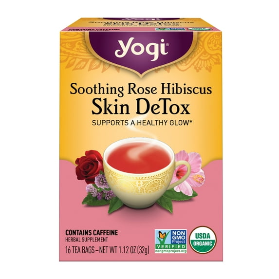Yogi Tea Soothing Rose Hibiscus Skin DeTox, Organic Green Tea, Wellness Tea Bags, 16 Count