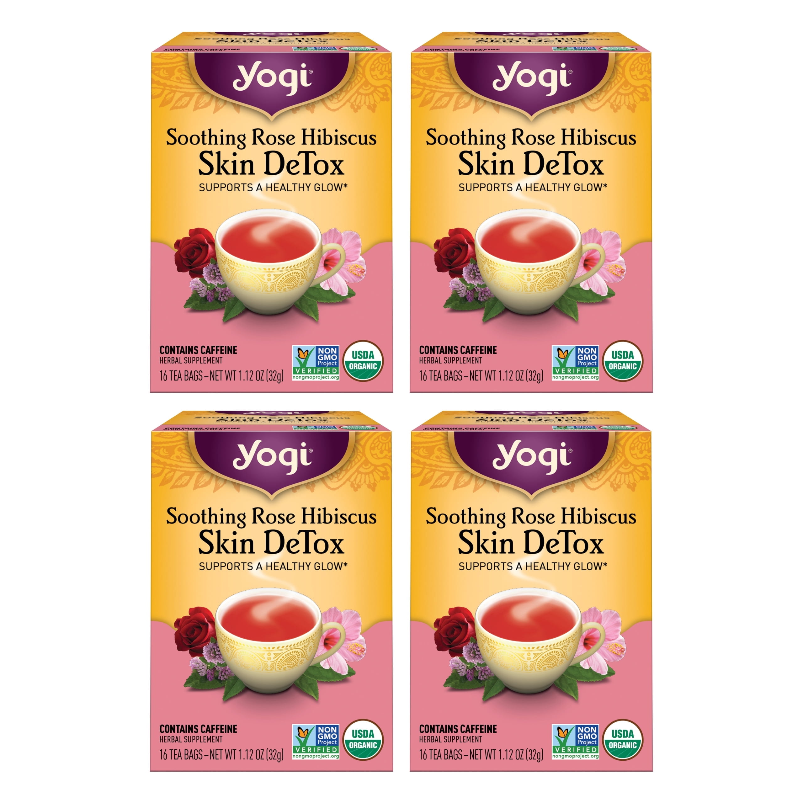 Yogi Soothing Rose Hibiscus Skin DeTox - Green Tea - Wellness Tea Bags - 4 Boxes of 16