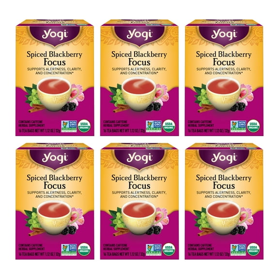 Yogi Tea Spiced Blackberry Focus, Black Tea, Wellness Tea Bags, 6 Boxes of 16