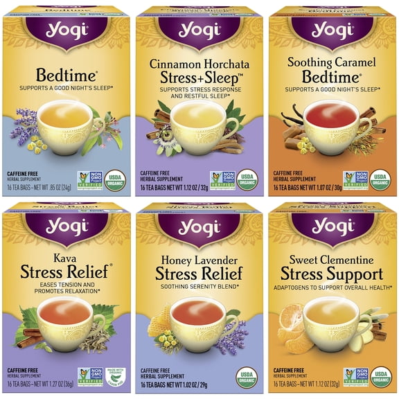 Yogi Stress Relief & Herbal Tea Variety pack - Includes Bedtime, Kava Stress Relief, Soothing Caramel Bedtime & More - 16 Tea Bags per pack (6 Packs)